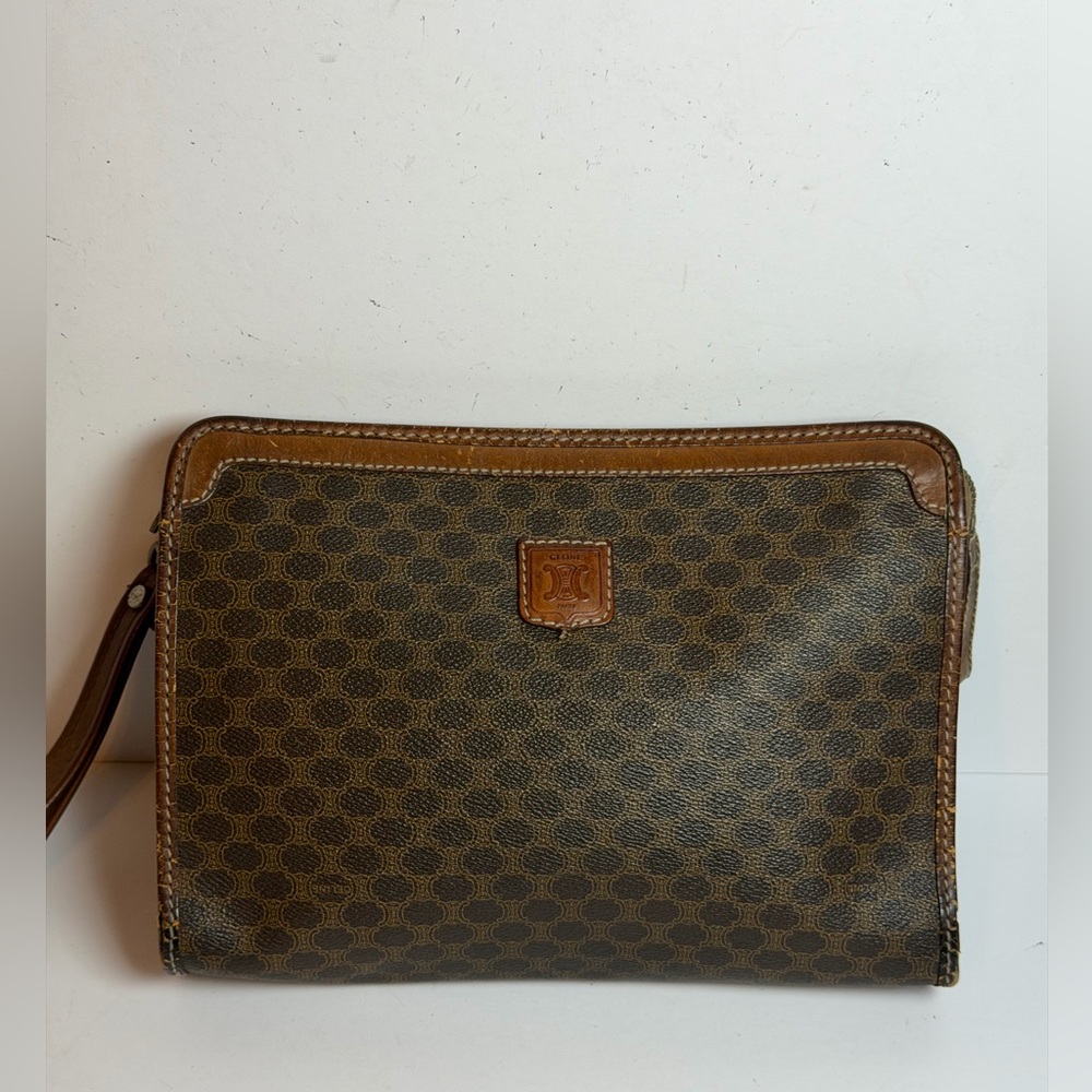 Vintage Celine Brown Macadam Coated Canvas Clutch